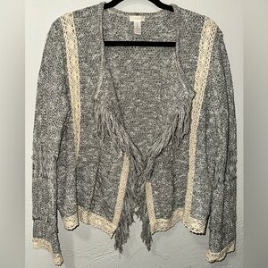 Chico's Heather Gray and Cream Fringe Cardigan